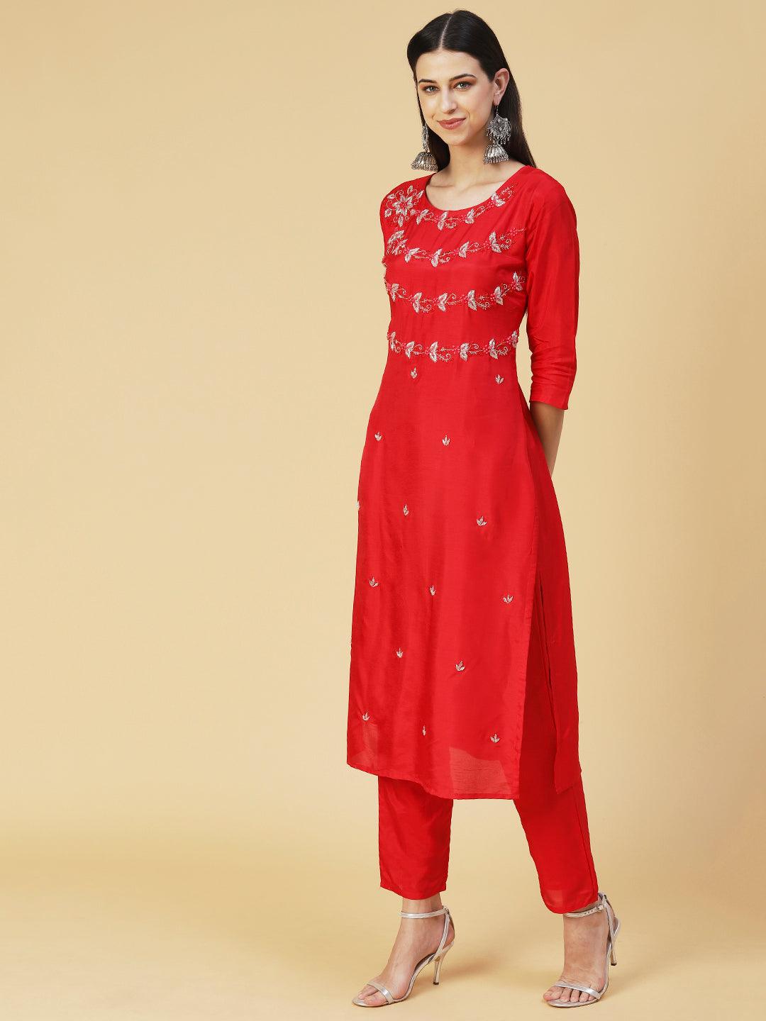 Solid Hand Embroidered Kurta With Pants & Embroidered Dupatta - Red - Indiakreations