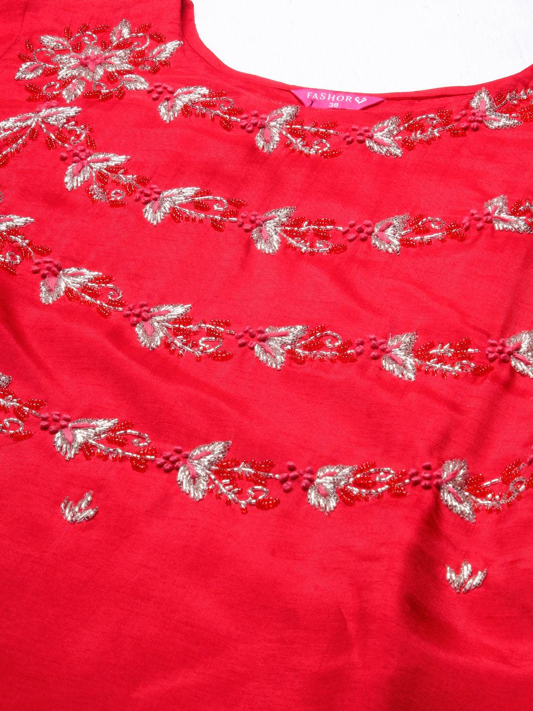 Solid Hand Embroidered Kurta With Pants & Embroidered Dupatta - Red - Indiakreations