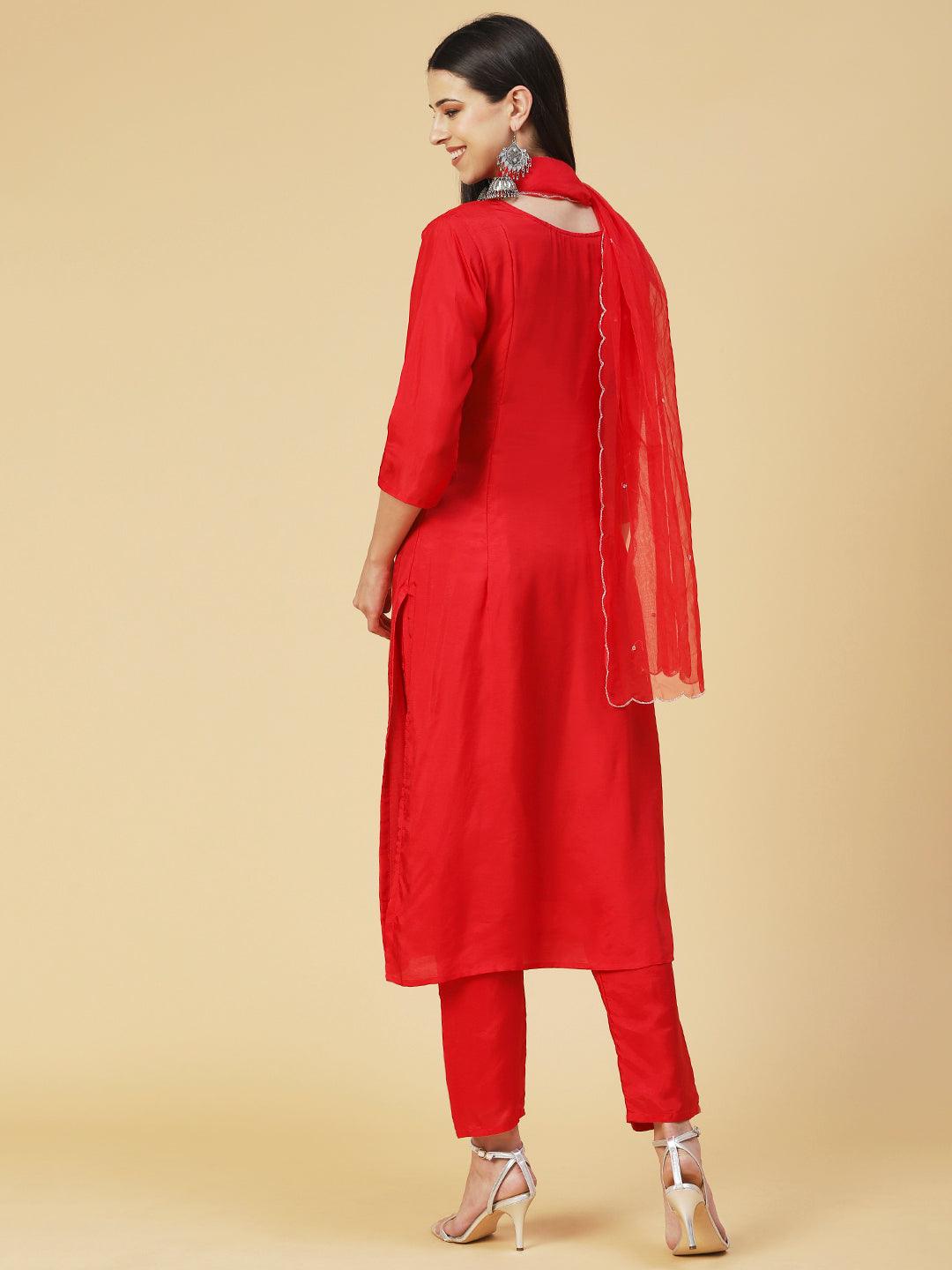 Solid Hand Embroidered Kurta With Pants & Embroidered Dupatta - Red - Indiakreations