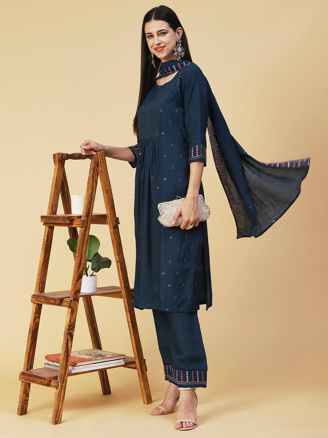 Solid Sequins Embroidered Kurta With Pants & Embroidered Dupatta - Teal - Indiakreations