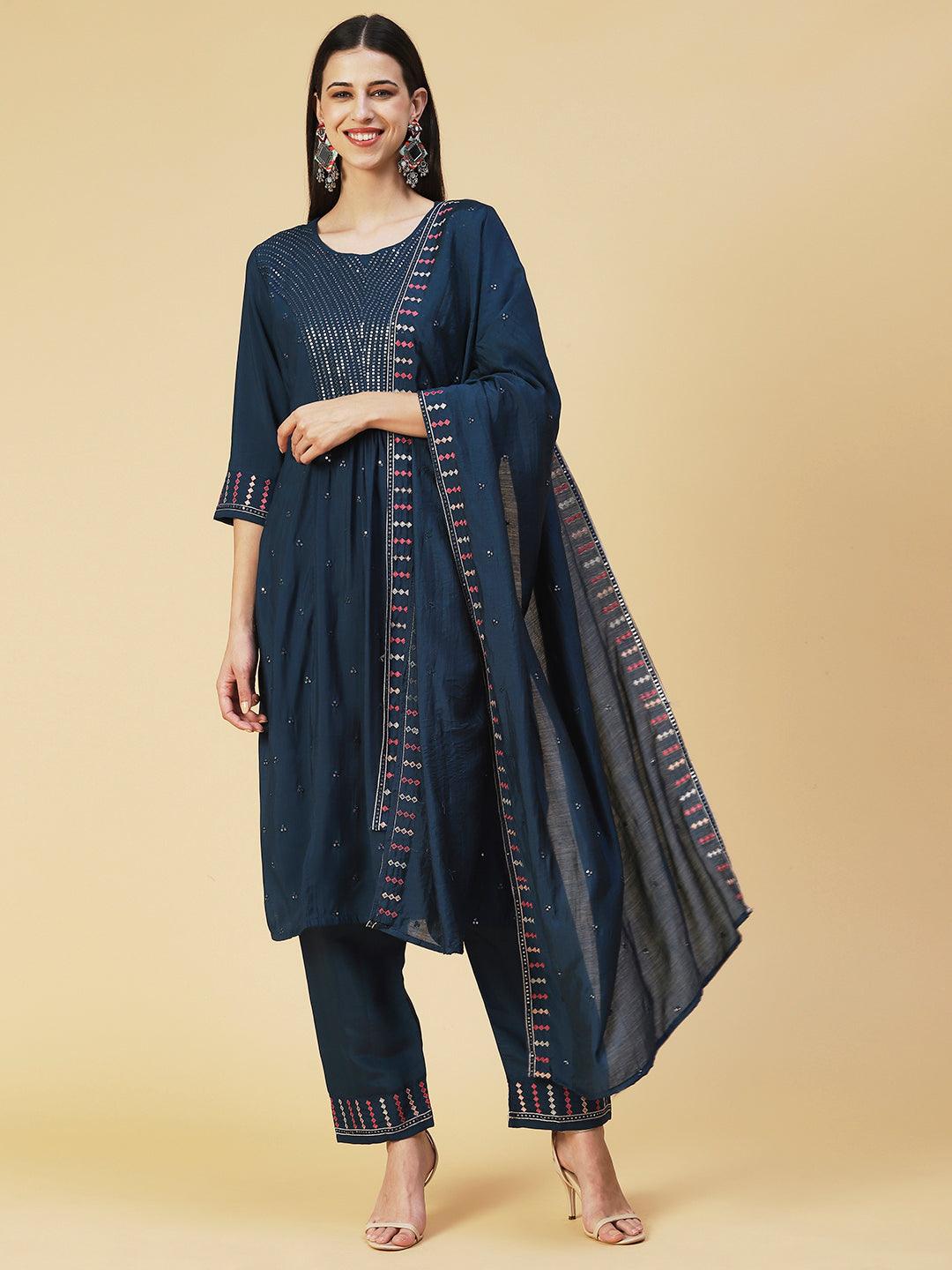 Solid Sequins Embroidered Kurta With Pants & Embroidered Dupatta - Teal - Indiakreations