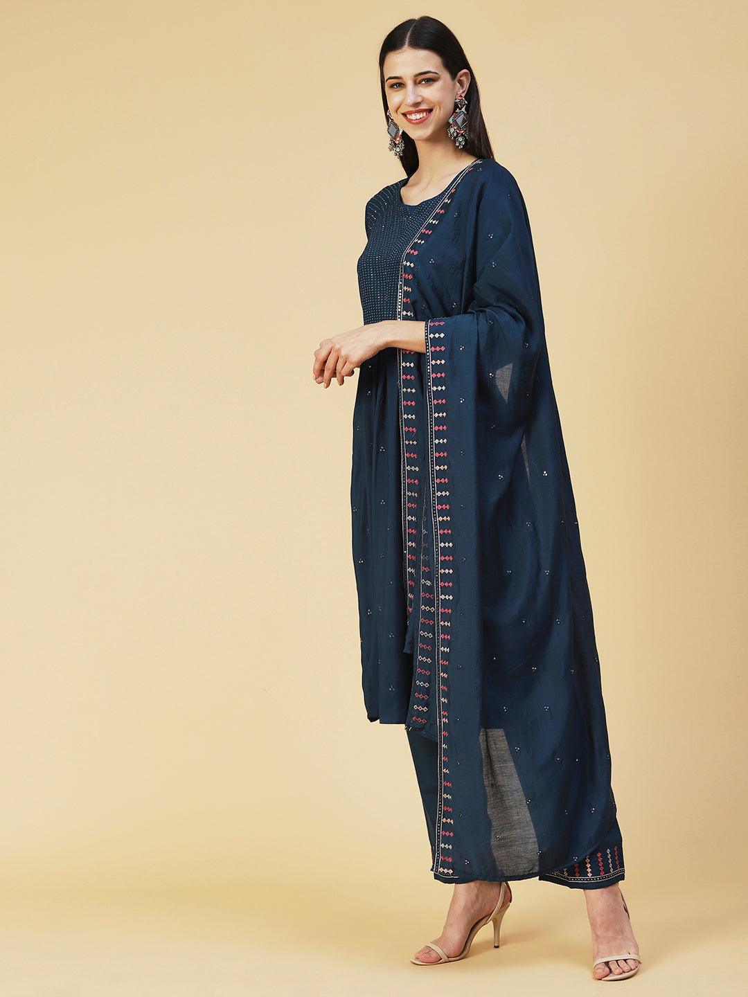 Solid Sequins Embroidered Kurta With Pants & Embroidered Dupatta - Teal - Indiakreations