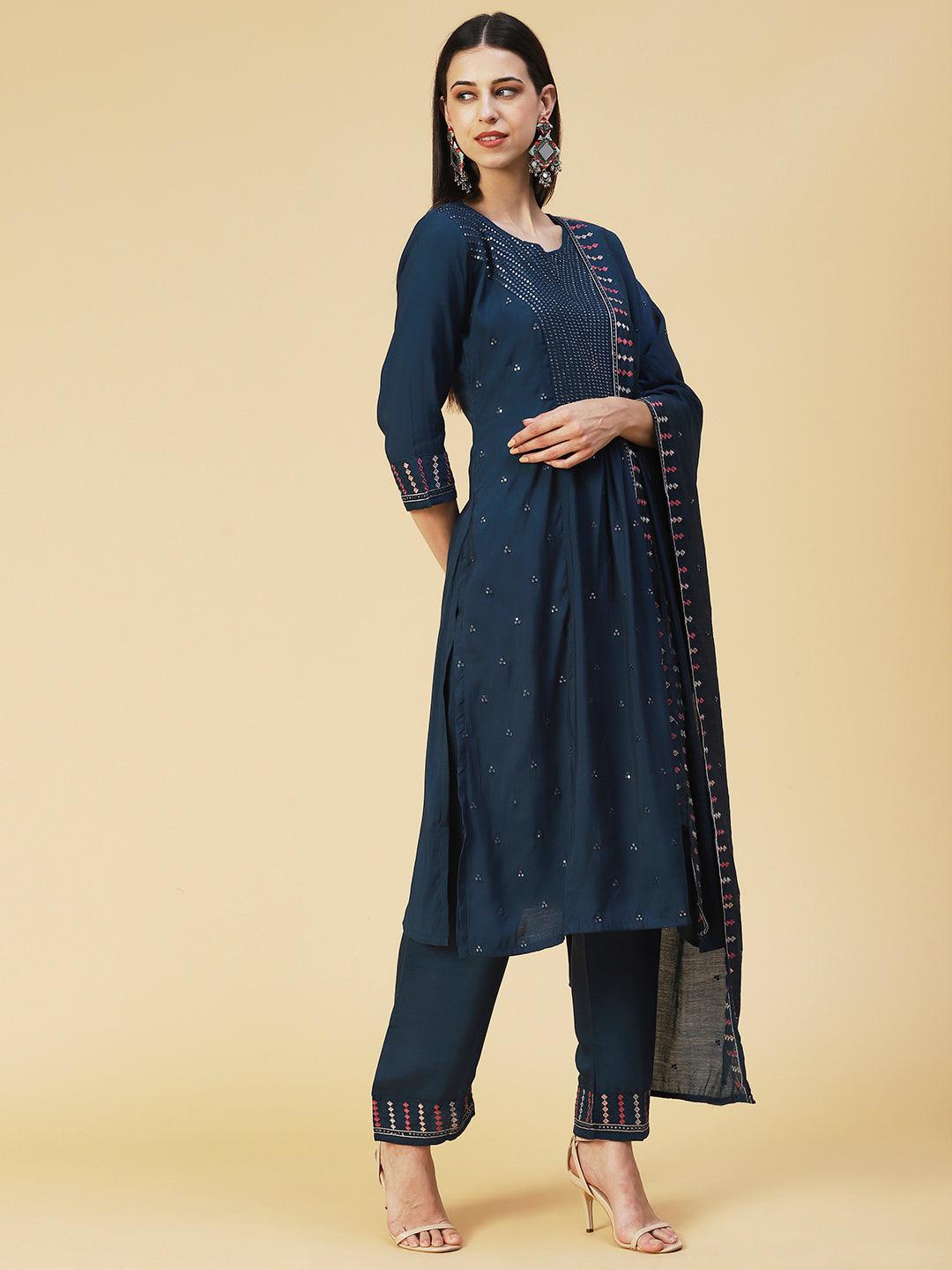 Solid Sequins Embroidered Kurta With Pants & Embroidered Dupatta - Teal - Indiakreations