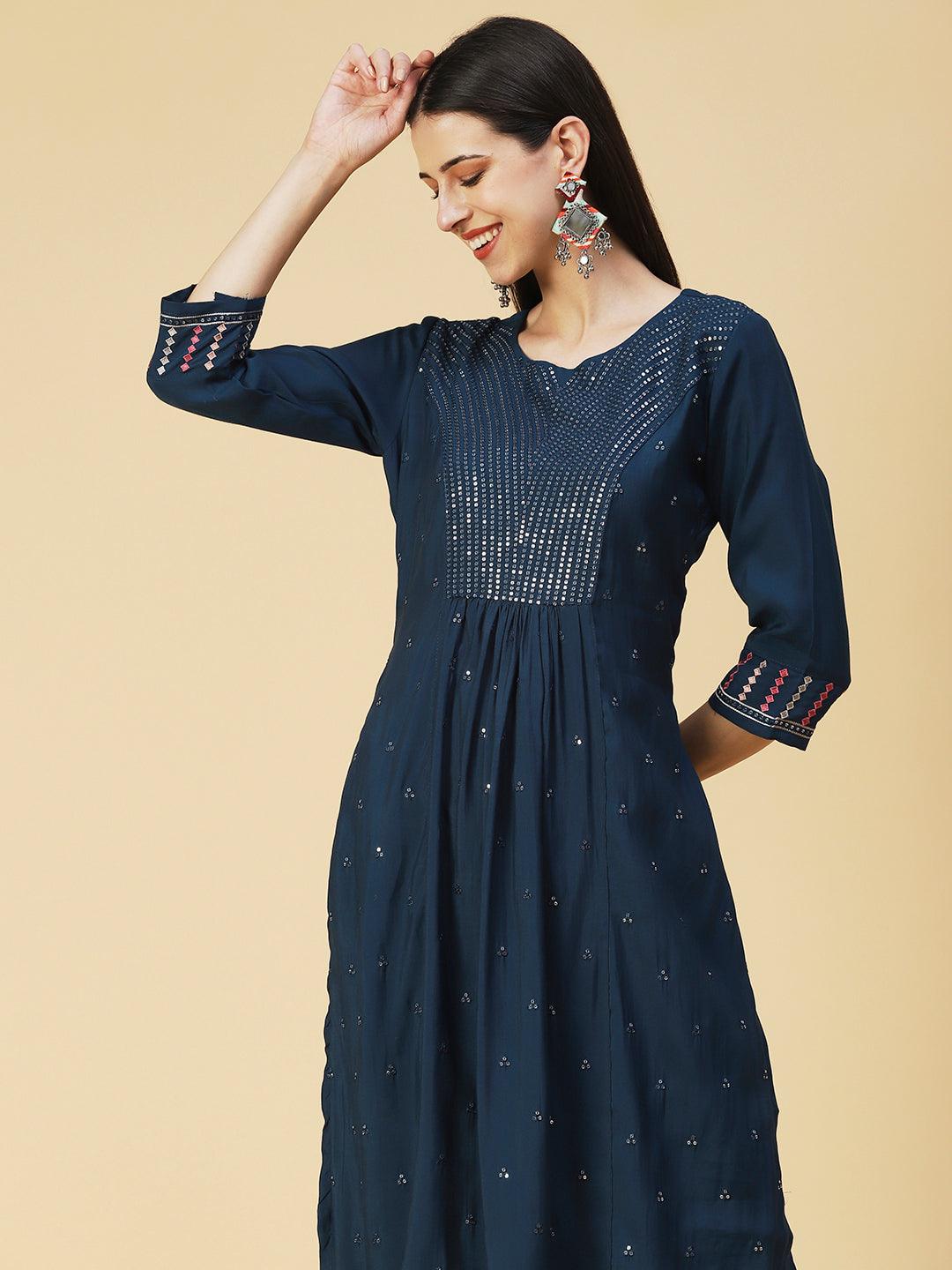 Solid Sequins Embroidered Kurta With Pants & Embroidered Dupatta - Teal - Indiakreations