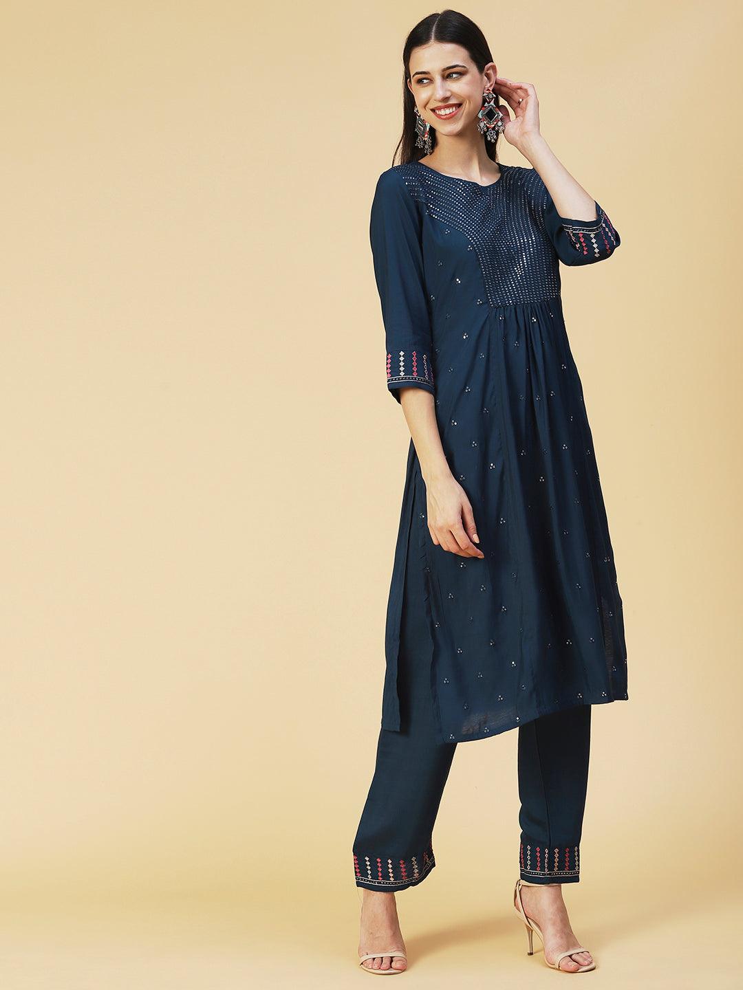 Solid Sequins Embroidered Kurta With Pants & Embroidered Dupatta - Teal - Indiakreations