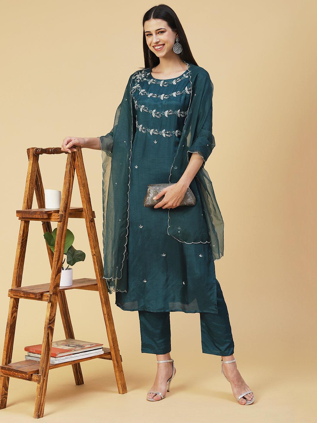 Solid Hand Embroidered Kurta With Pants & Embroidered Dupatta - Teal - Indiakreations