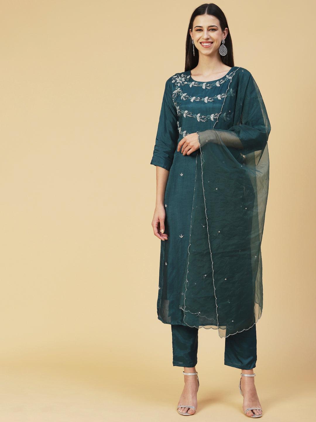 Solid Hand Embroidered Kurta With Pants & Embroidered Dupatta - Teal - Indiakreations