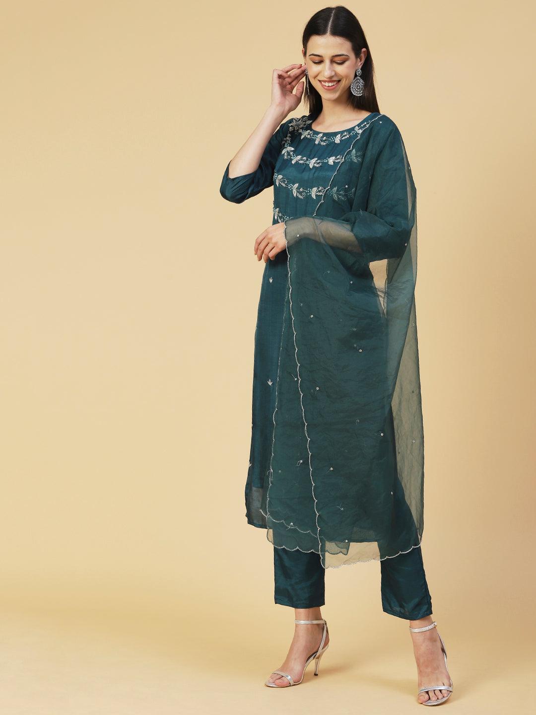 Solid Hand Embroidered Kurta With Pants & Embroidered Dupatta - Teal - Indiakreations