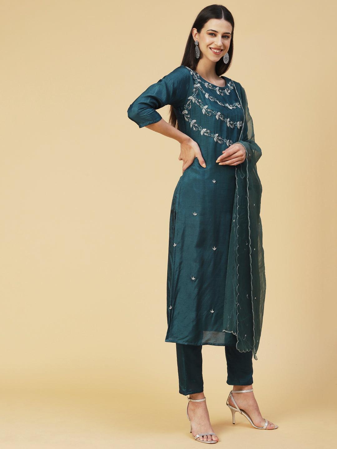 Solid Hand Embroidered Kurta With Pants & Embroidered Dupatta - Teal - Indiakreations