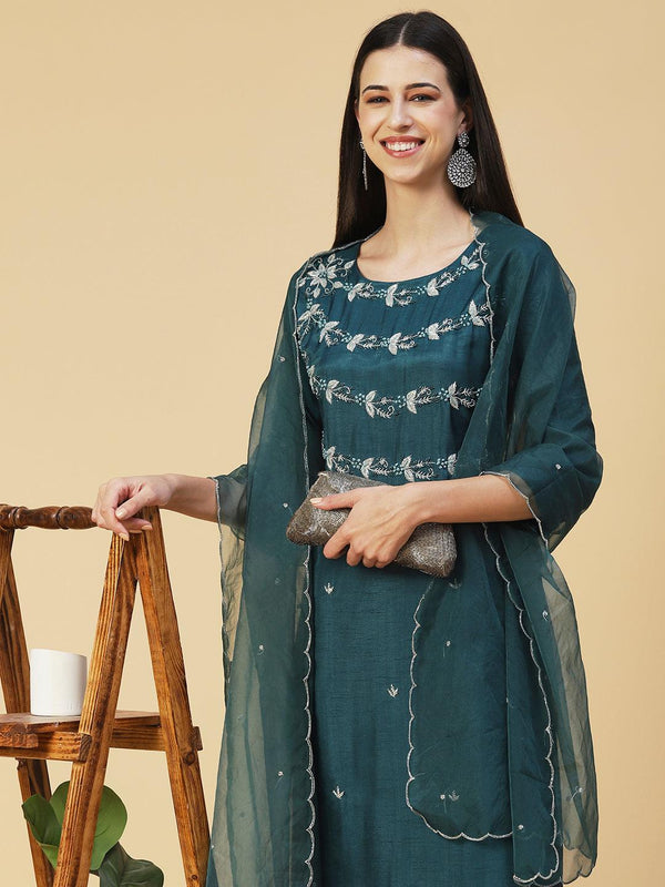 Solid Hand Embroidered Kurta With Pants & Embroidered Dupatta - Teal - Indiakreations