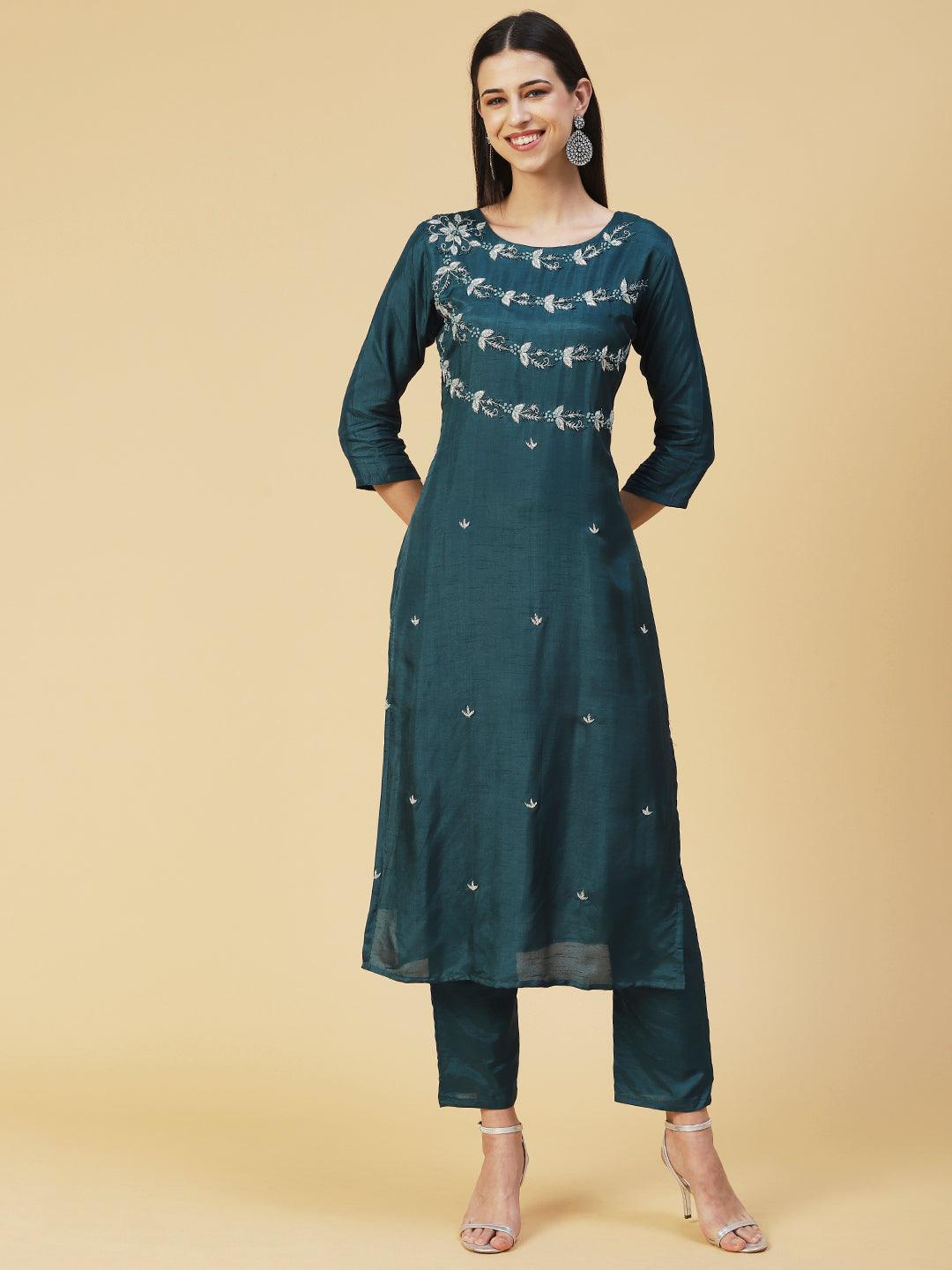 Solid Hand Embroidered Kurta With Pants & Embroidered Dupatta - Teal - Indiakreations