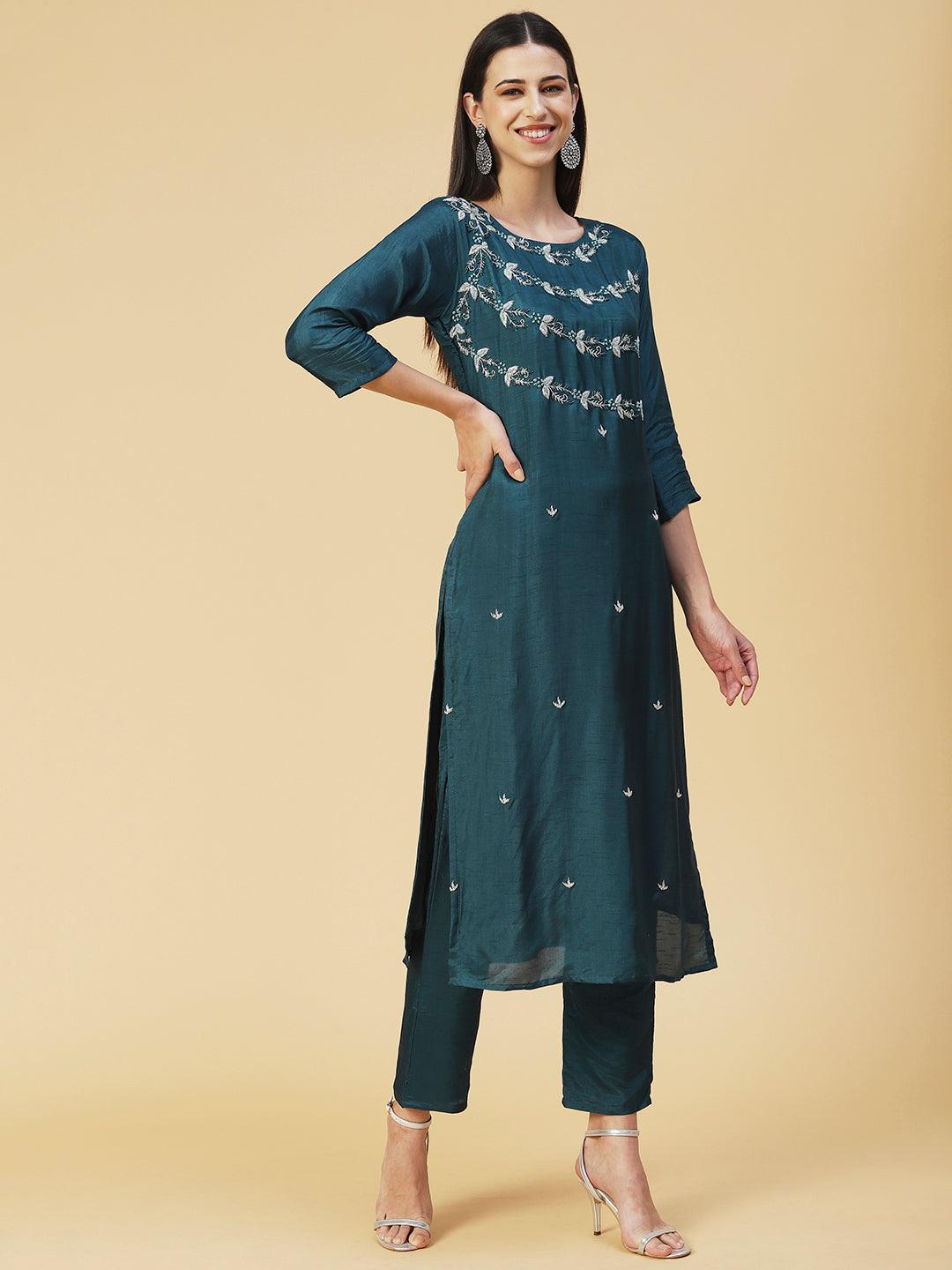 Solid Hand Embroidered Kurta With Pants & Embroidered Dupatta - Teal - Indiakreations