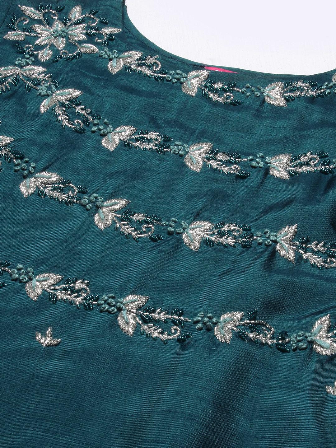 Solid Hand Embroidered Kurta With Pants & Embroidered Dupatta - Teal - Indiakreations