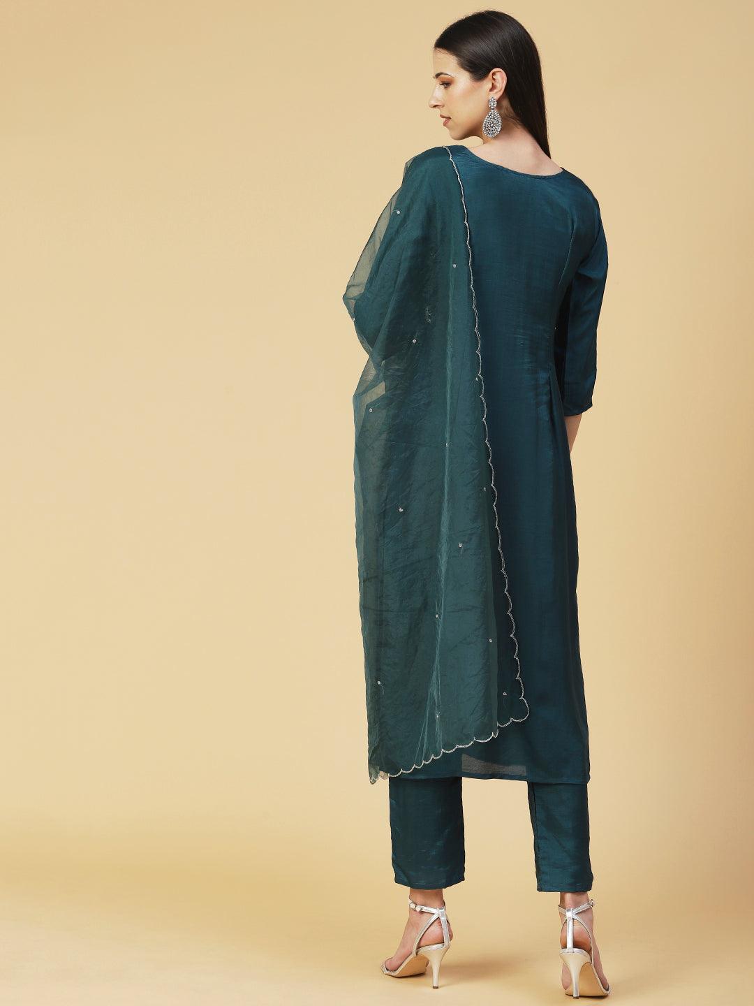 Solid Hand Embroidered Kurta With Pants & Embroidered Dupatta - Teal - Indiakreations