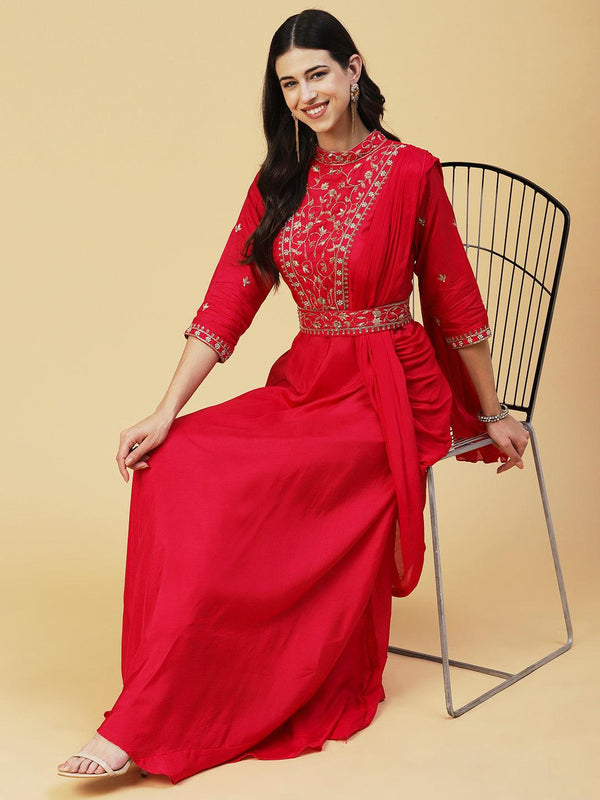 Ethnic Hand Embroidered Fit & Flare Maxi Dress with Belt - Pink - Indiakreations