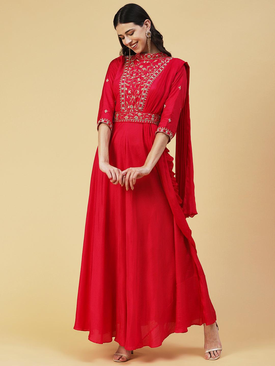 Ethnic Hand Embroidered Fit & Flare Maxi Dress with Belt - Pink - Indiakreations