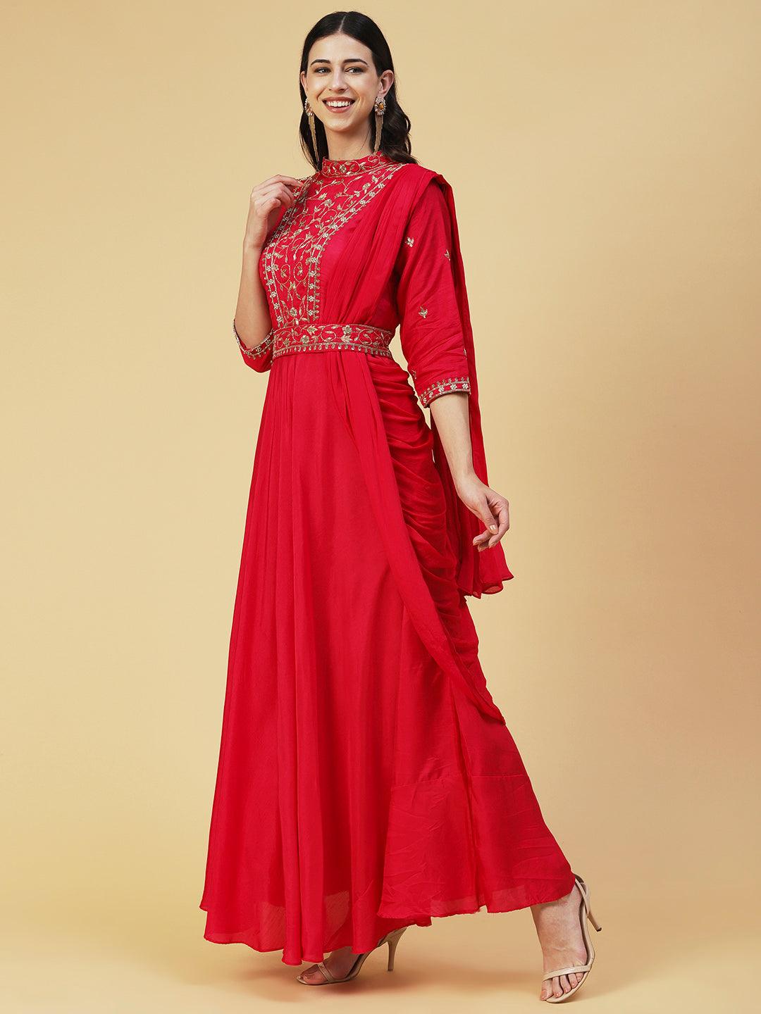 Ethnic Hand Embroidered Fit & Flare Maxi Dress with Belt - Pink - Indiakreations