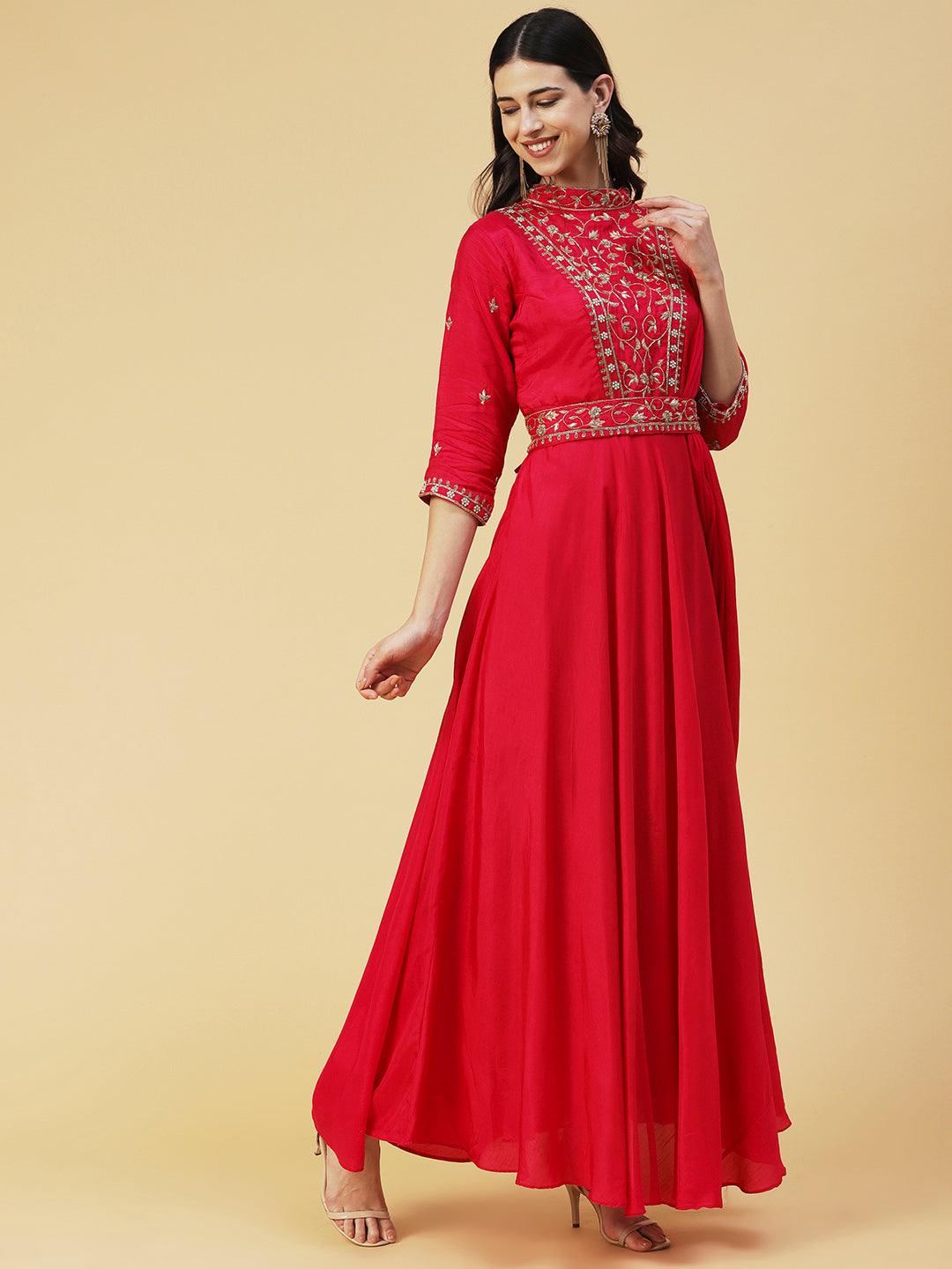 Ethnic Hand Embroidered Fit & Flare Maxi Dress with Belt - Pink - Indiakreations