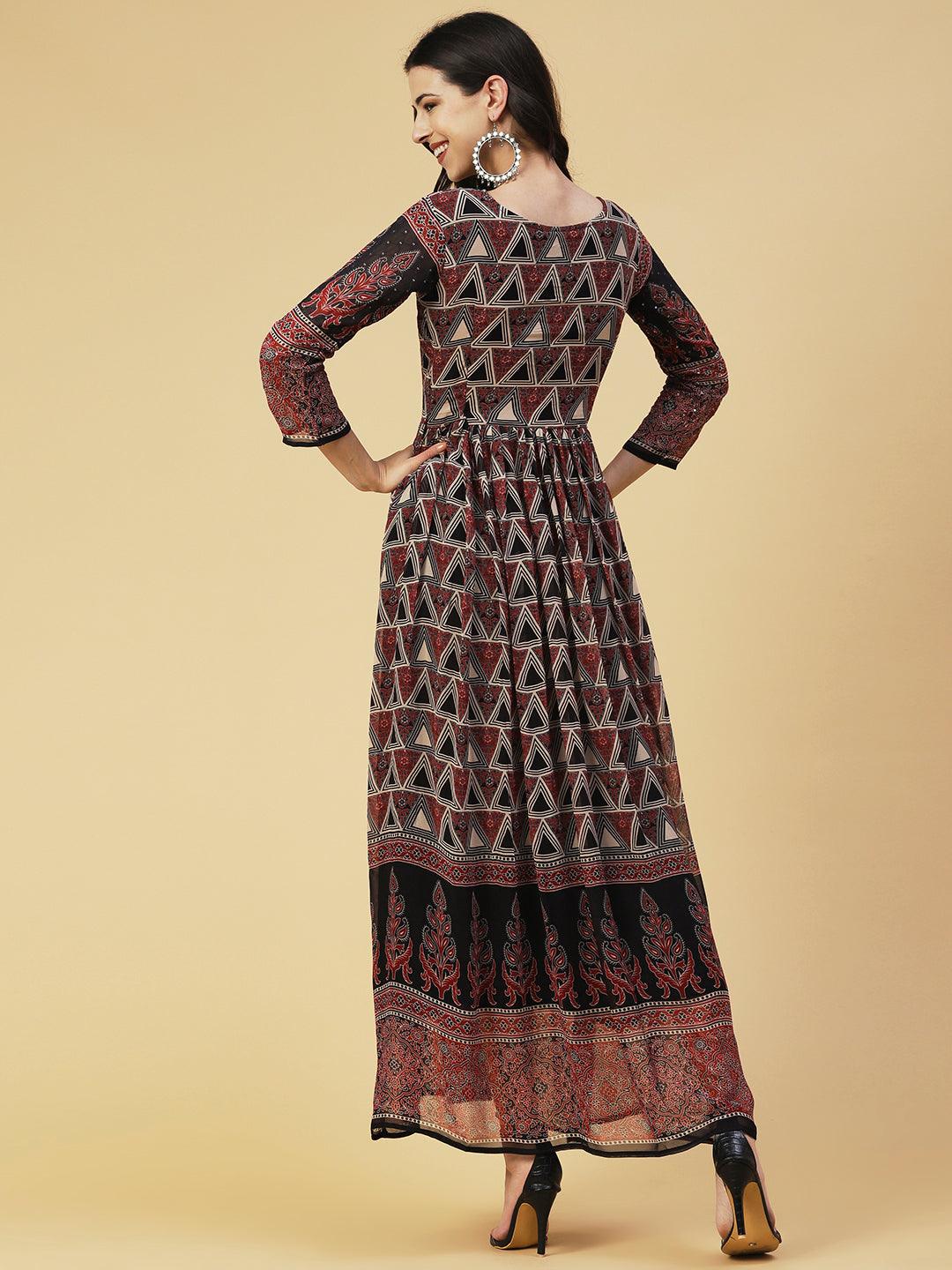 Ethnic Geometric Printed & Embroidered Fit & Flare Maxi Dress - Multi - Indiakreations