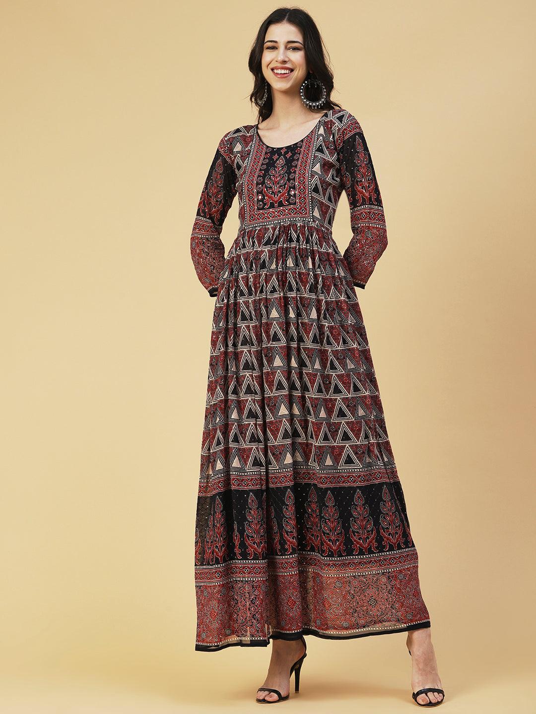 Ethnic Geometric Printed & Embroidered Fit & Flare Maxi Dress - Multi - Indiakreations