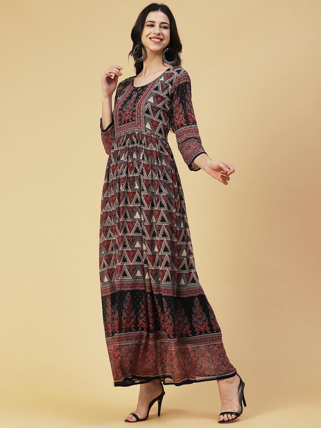 Ethnic Geometric Printed & Embroidered Fit & Flare Maxi Dress - Multi - Indiakreations