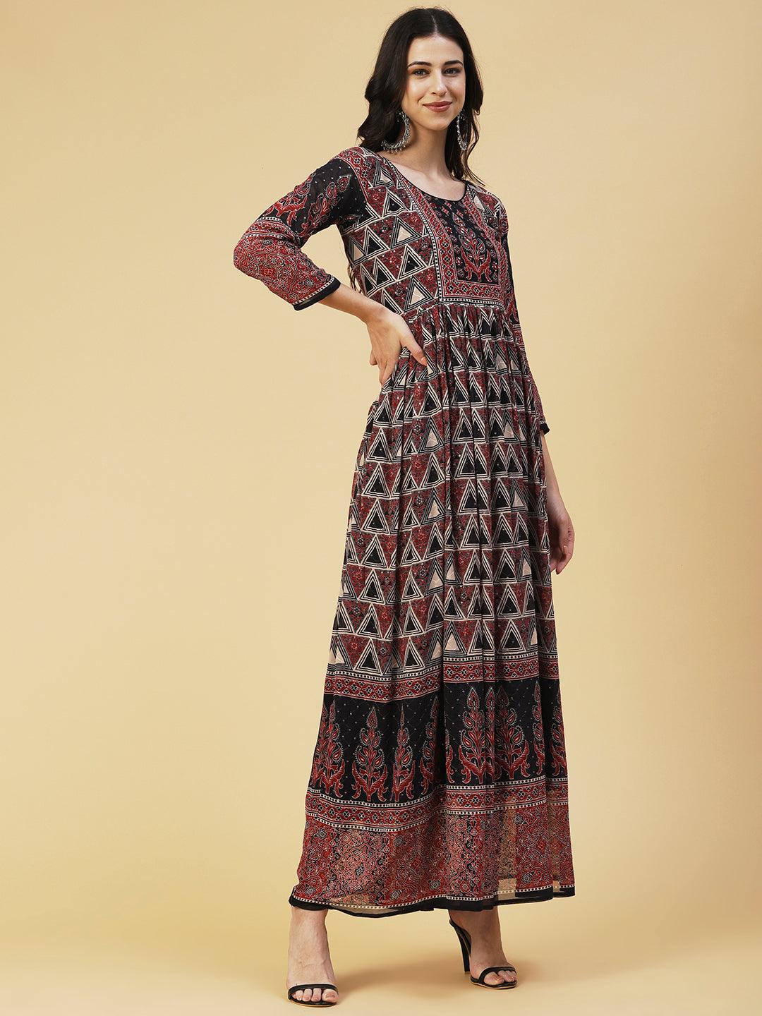 Ethnic Geometric Printed & Embroidered Fit & Flare Maxi Dress - Multi - Indiakreations