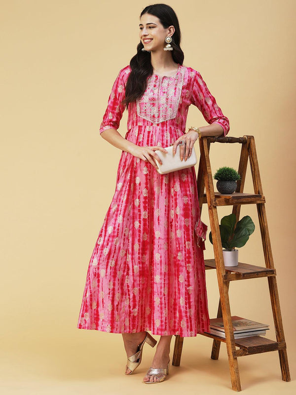 Shibori Printed Zari & Sequins Embroidered Anarkali Dress - Pink - Indiakreations