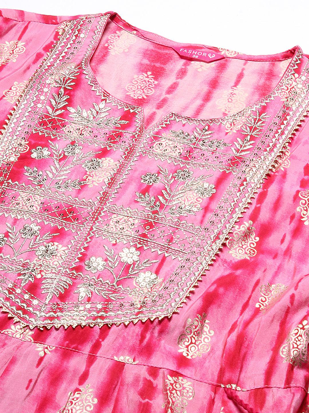 Shibori Printed Zari & Sequins Embroidered Anarkali Dress - Pink - Indiakreations