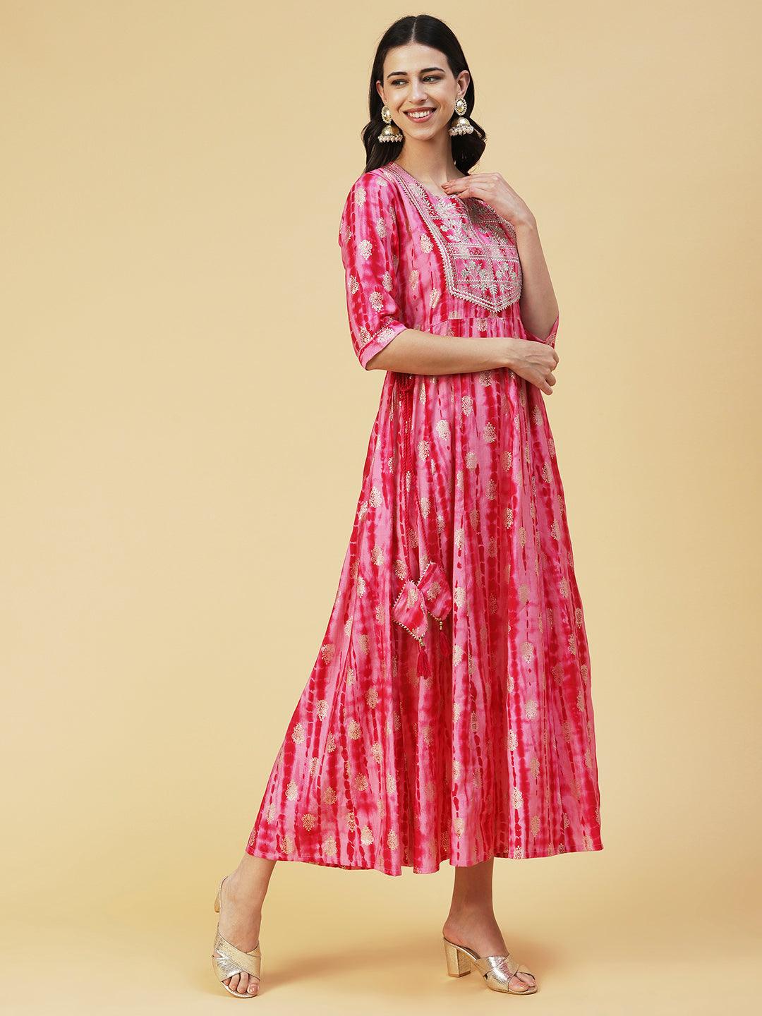 Shibori Printed Zari & Sequins Embroidered Anarkali Dress - Pink - Indiakreations