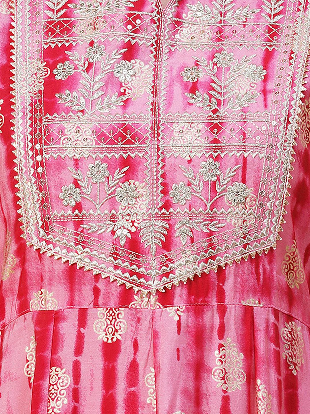 Shibori Printed Zari & Sequins Embroidered Anarkali Dress - Pink - Indiakreations