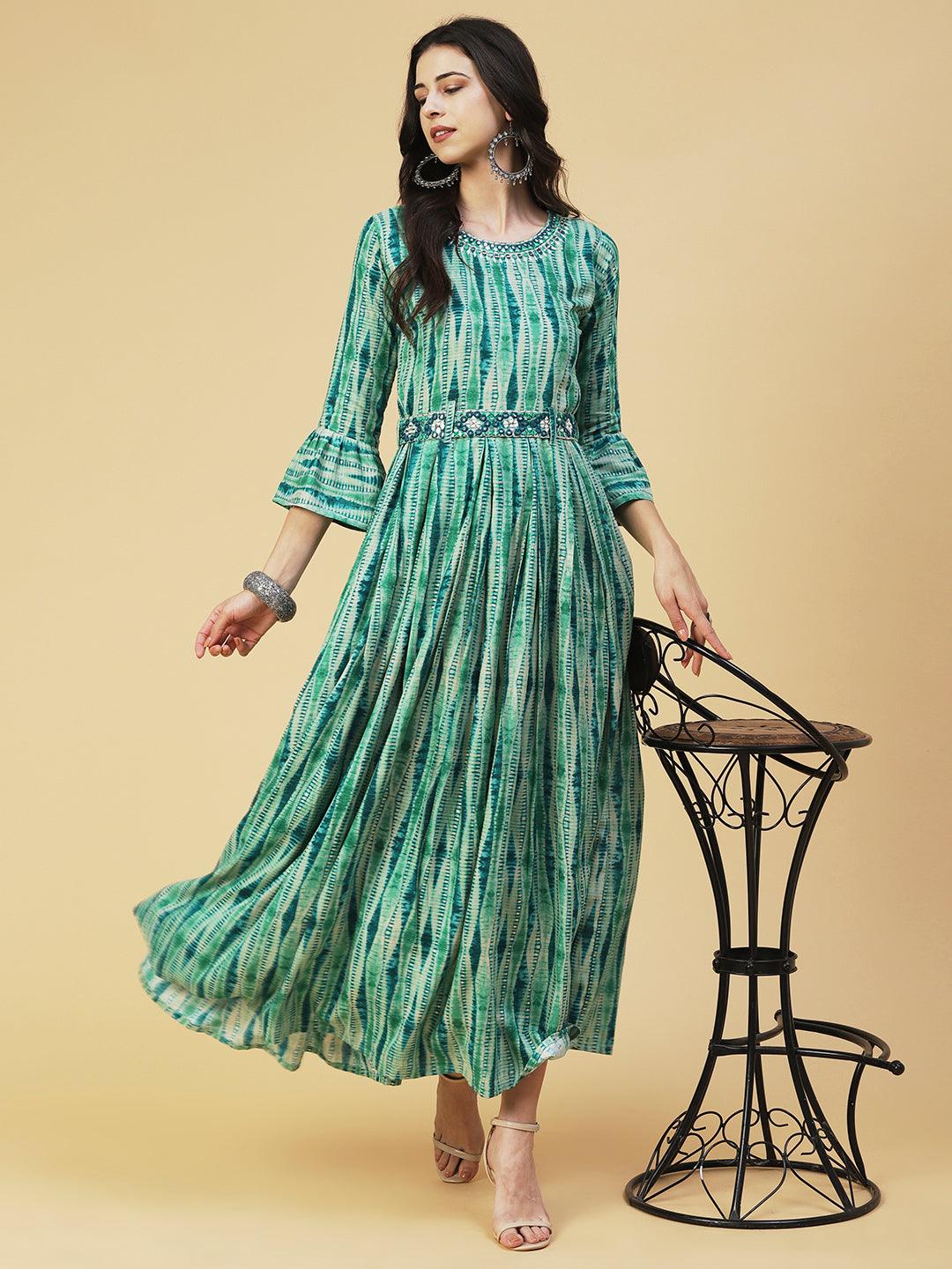 Stripes Printed & Mirror Embroidered Fit & Flare Maxi Dress - Green - Indiakreations