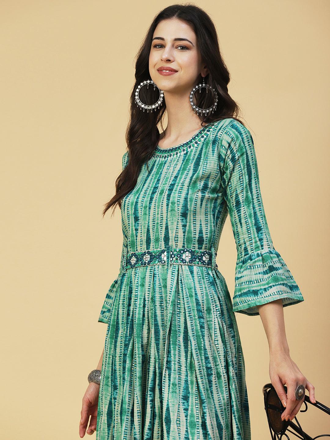 Stripes Printed & Mirror Embroidered Fit & Flare Maxi Dress - Green - Indiakreations