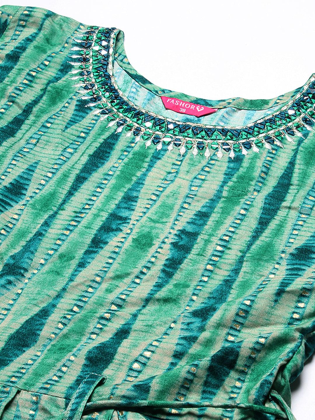 Stripes Printed & Mirror Embroidered Fit & Flare Maxi Dress - Green - Indiakreations