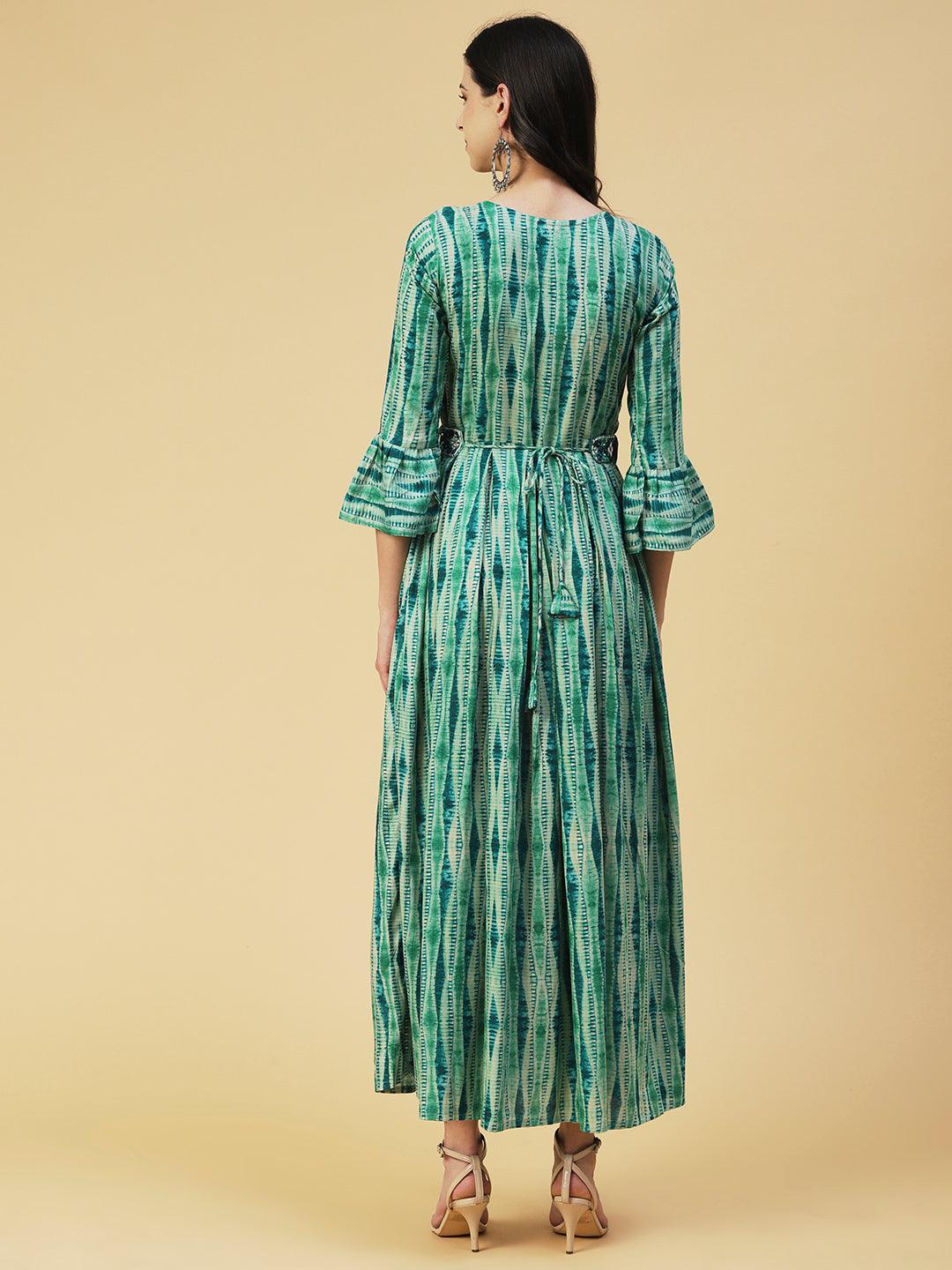 Stripes Printed & Mirror Embroidered Fit & Flare Maxi Dress - Green - Indiakreations