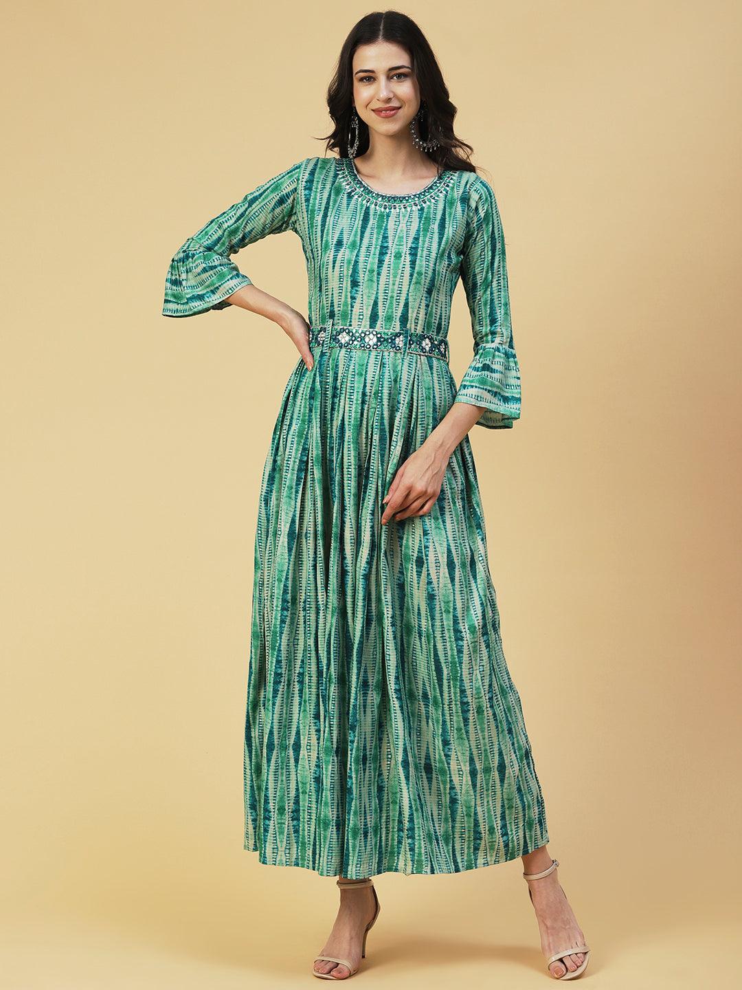 Stripes Printed & Mirror Embroidered Fit & Flare Maxi Dress - Green - Indiakreations