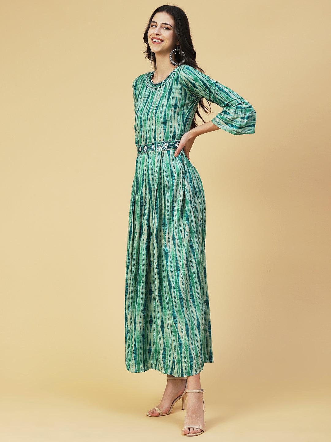 Stripes Printed & Mirror Embroidered Fit & Flare Maxi Dress - Green - Indiakreations