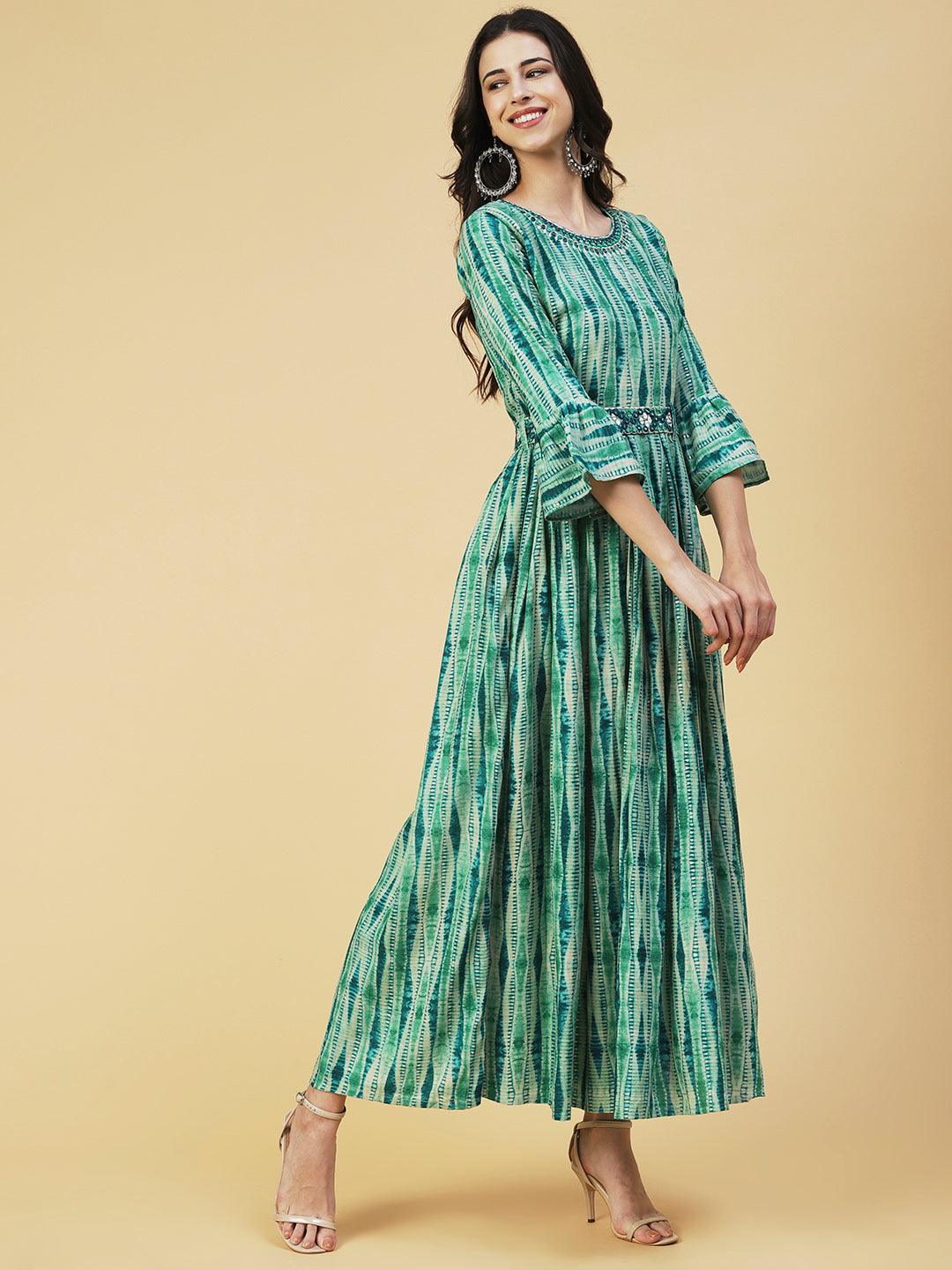 Stripes Printed & Mirror Embroidered Fit & Flare Maxi Dress - Green - Indiakreations