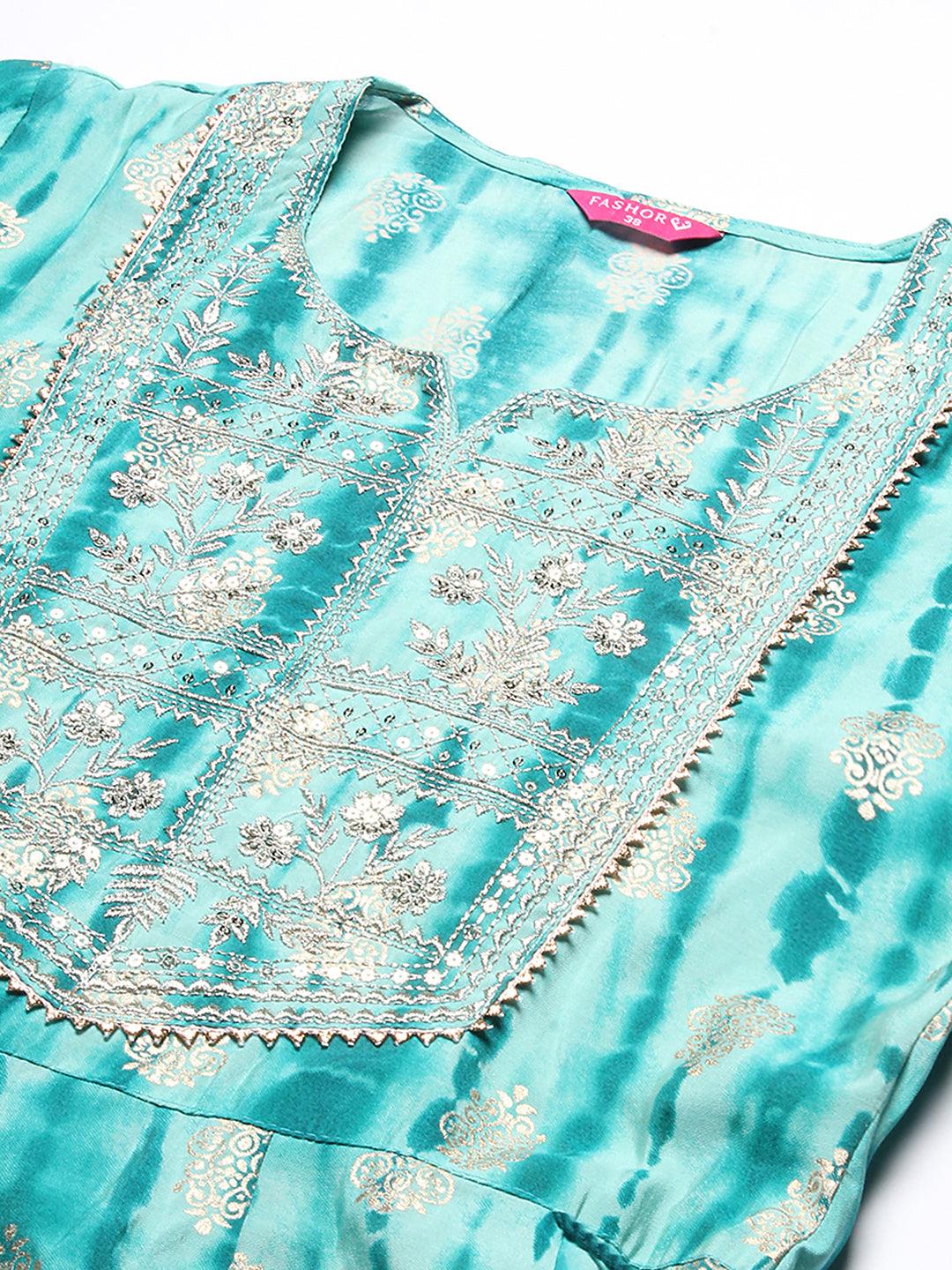 Shibori Printed Zari & Sequins Embroidered Anarkali Dress - Turquoise Blue - Indiakreations