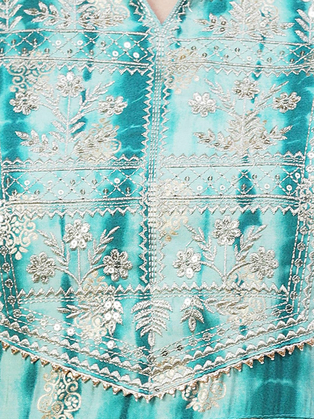 Shibori Printed Zari & Sequins Embroidered Anarkali Dress - Turquoise Blue - Indiakreations