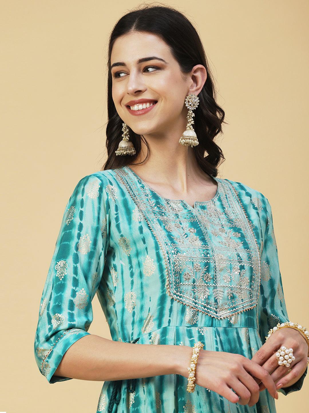 Shibori Printed Zari & Sequins Embroidered Anarkali Dress - Turquoise Blue - Indiakreations