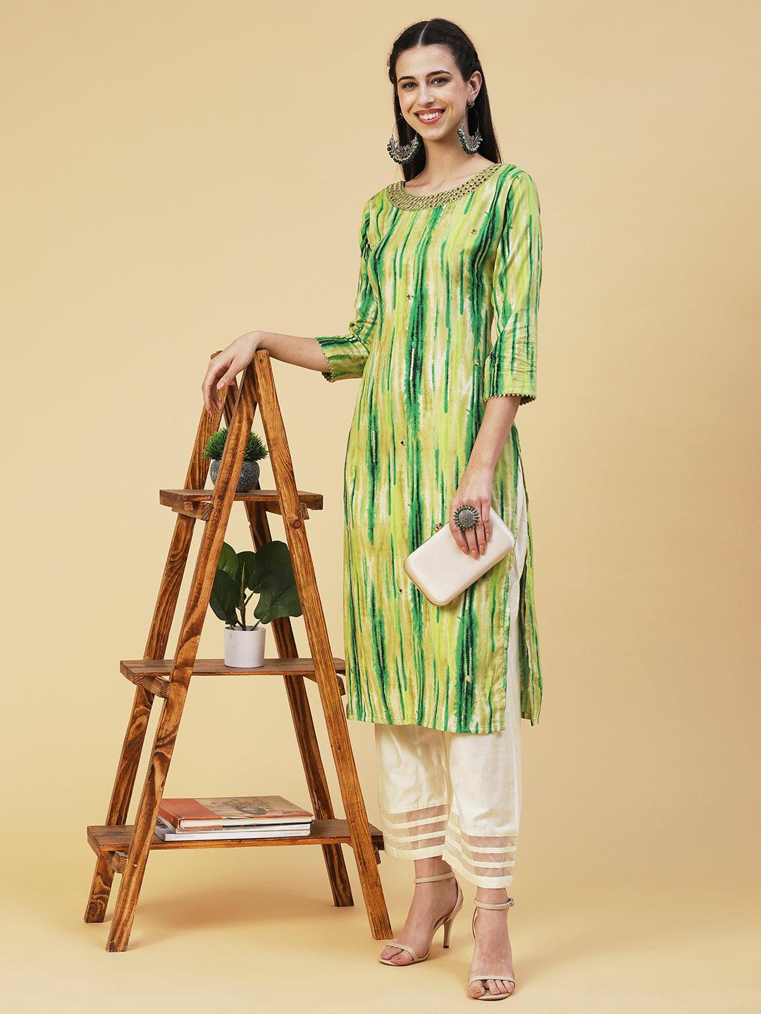 Ethnic Stripes Printed & Mirror Embroidered Straight Fit Kurta - Green - Indiakreations