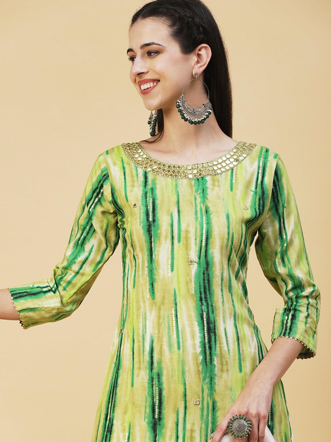 Ethnic Stripes Printed & Mirror Embroidered Straight Fit Kurta - Green - Indiakreations