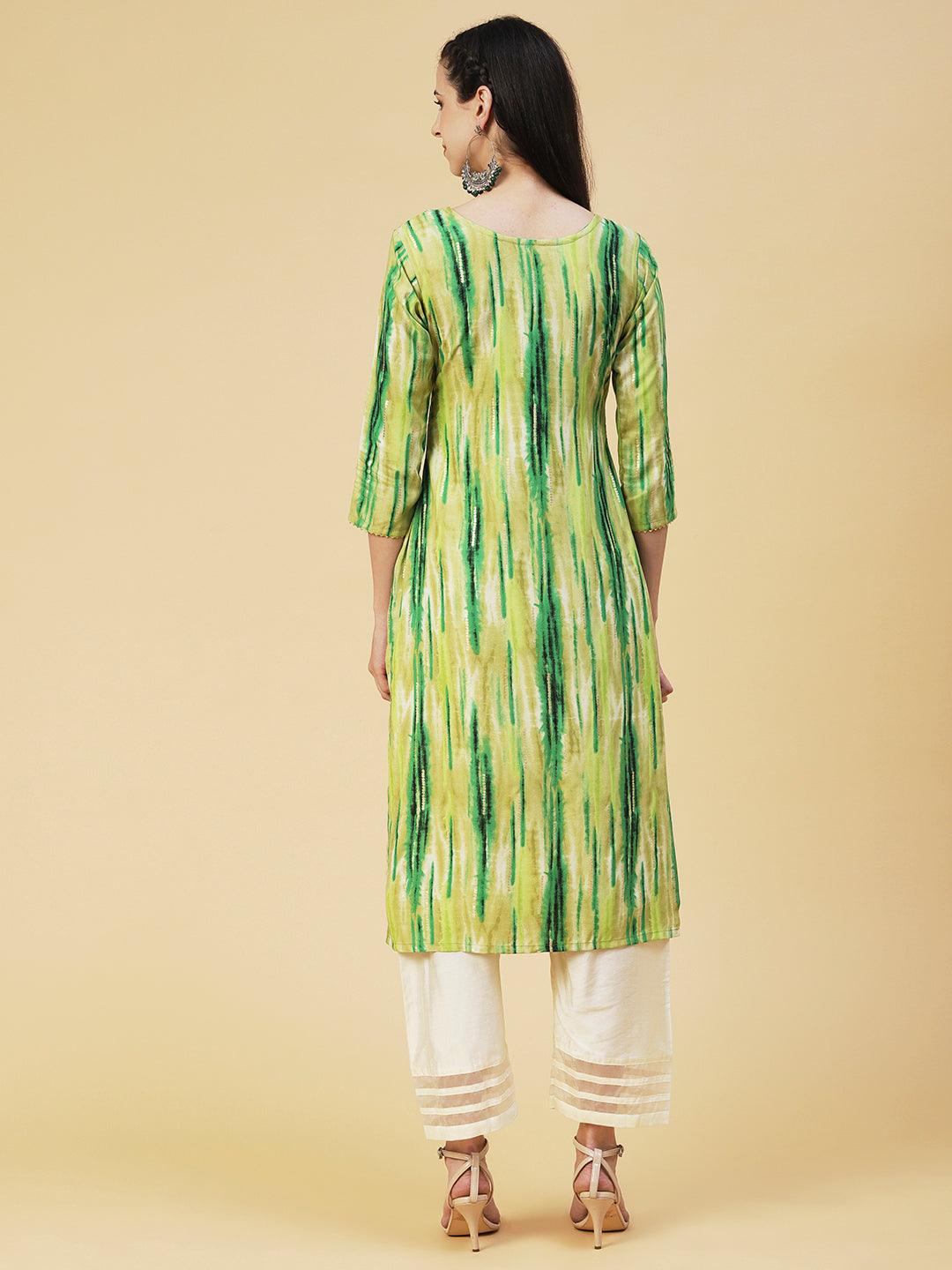 Ethnic Stripes Printed & Mirror Embroidered Straight Fit Kurta - Green - Indiakreations