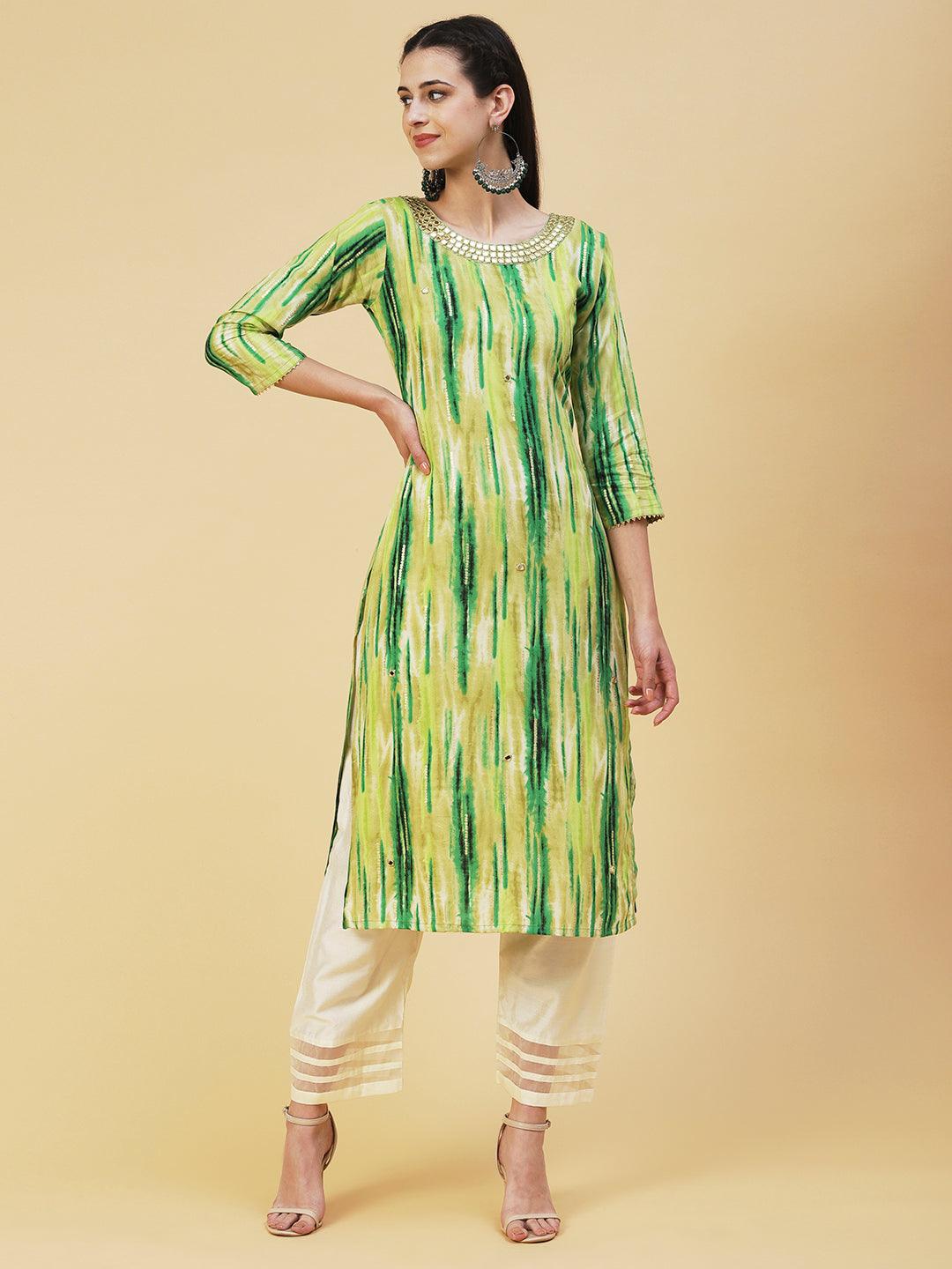 Ethnic Stripes Printed & Mirror Embroidered Straight Fit Kurta - Green - Indiakreations