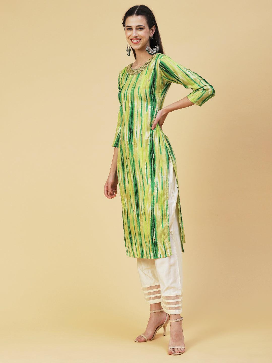 Ethnic Stripes Printed & Mirror Embroidered Straight Fit Kurta - Green - Indiakreations