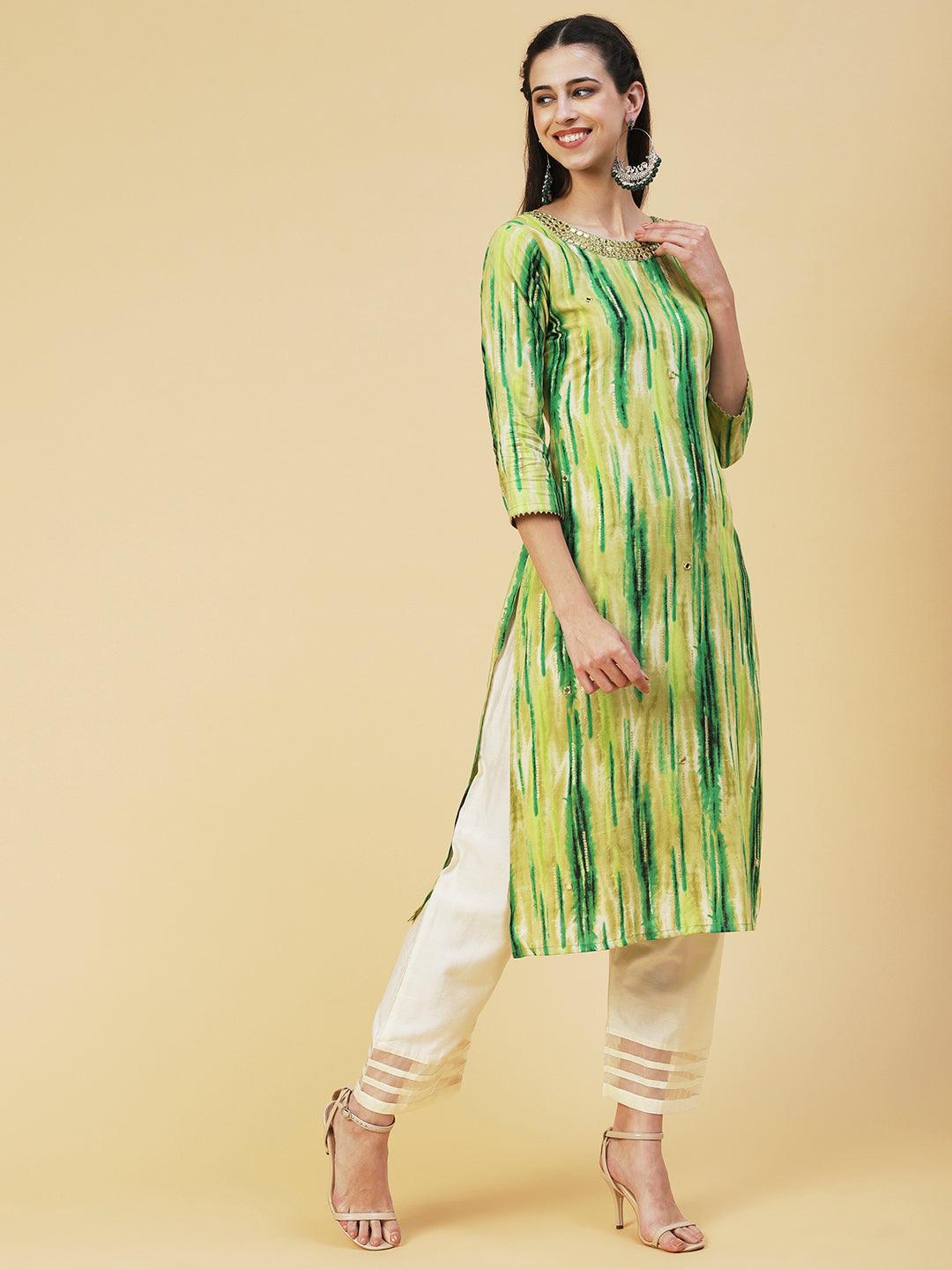 Ethnic Stripes Printed & Mirror Embroidered Straight Fit Kurta - Green - Indiakreations