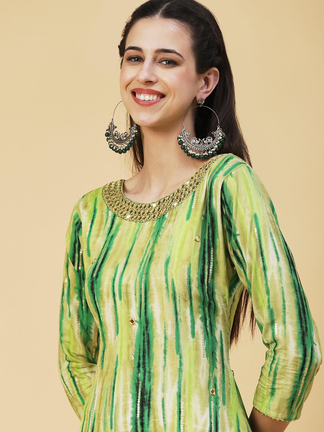 Ethnic Stripes Printed & Mirror Embroidered Straight Fit Kurta - Green - Indiakreations