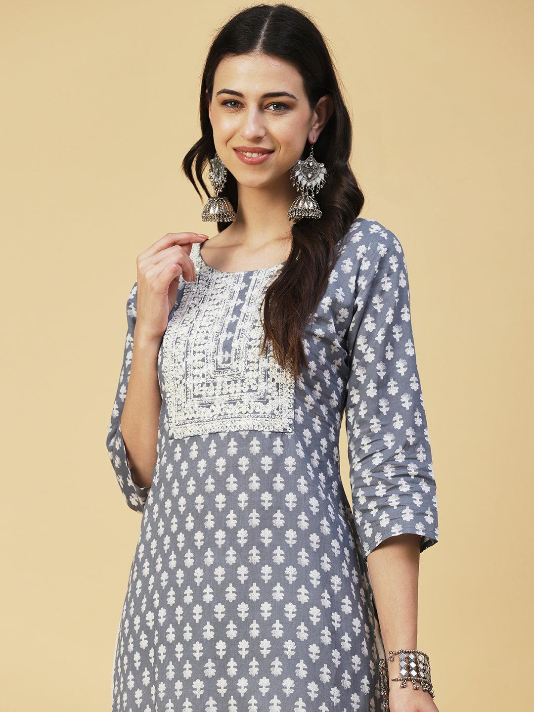 Floral Printed Resham & Sequins Embroidered Kurta - Grey - Indiakreations