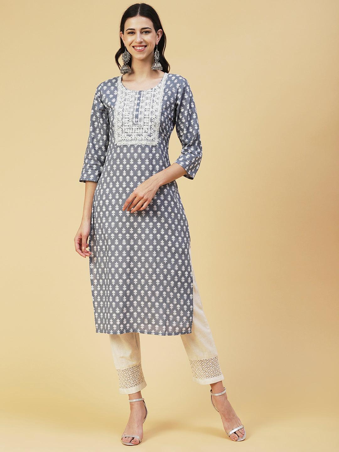 Floral Printed Resham & Sequins Embroidered Kurta - Grey - Indiakreations