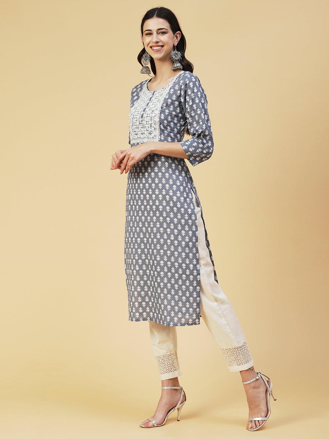 Floral Printed Resham & Sequins Embroidered Kurta - Grey - Indiakreations